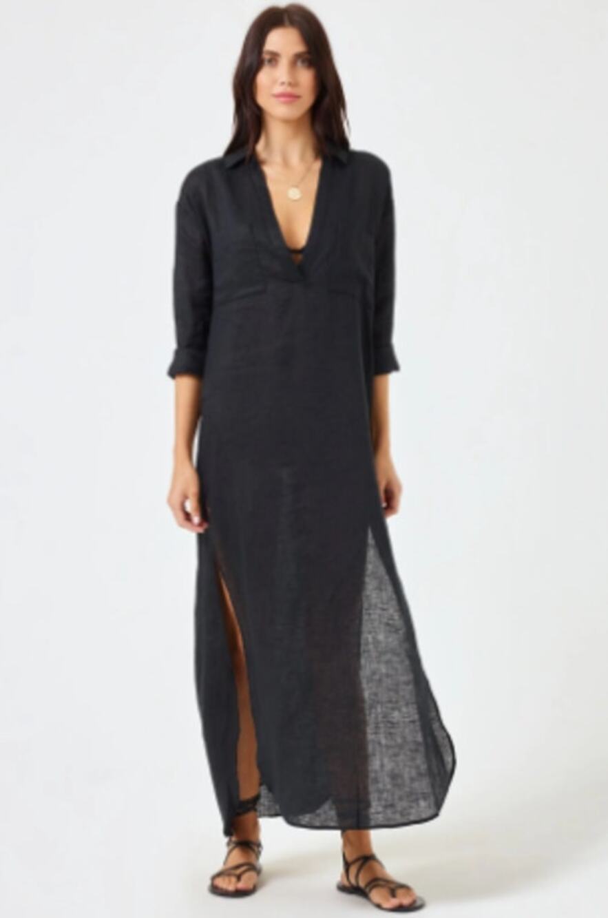 L*Space Capistrano Tunic Black 100% Linen Maxi Shirt Dress Cover Up M/L